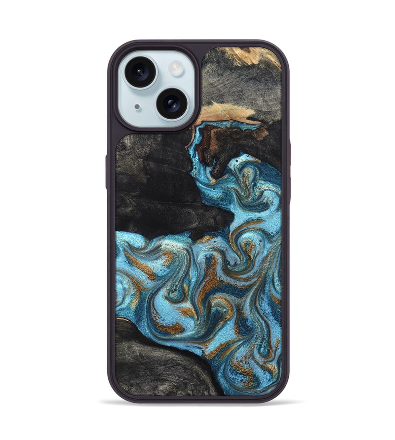 iPhone 15 Wood Phone Case - Alden (Teal & Gold, 819355)