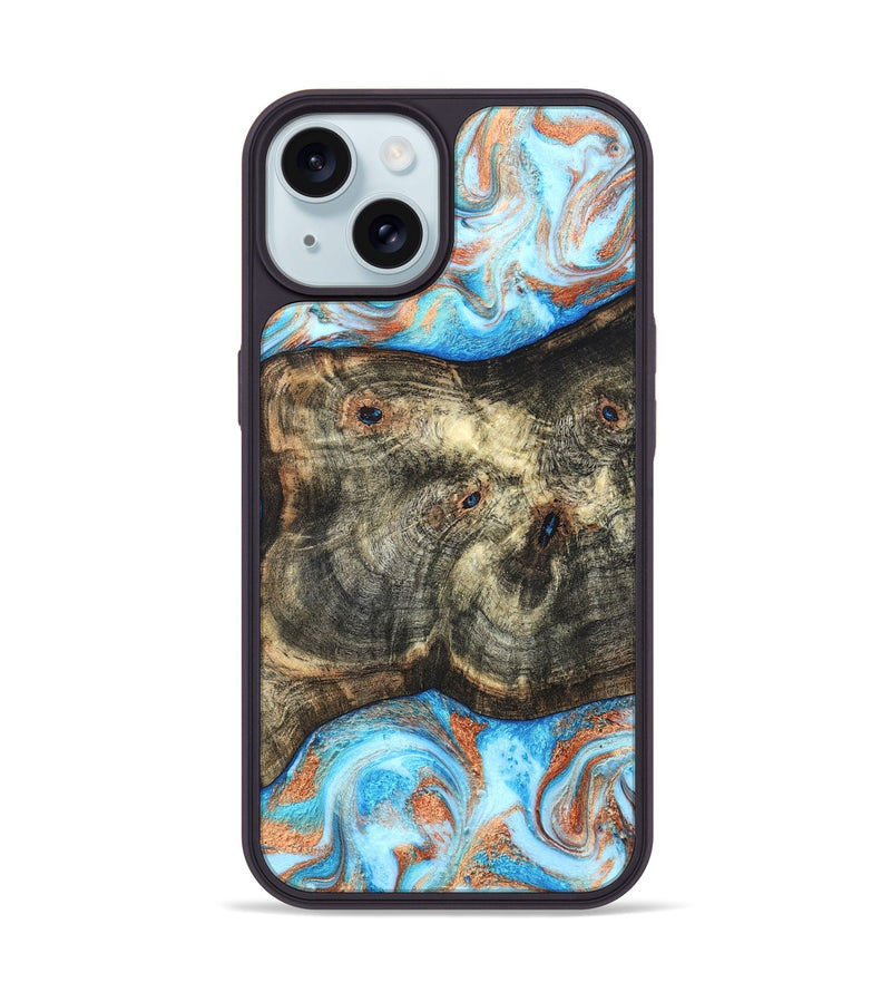 iPhone 15 Wood Phone Case - Meagan (Teal & Gold, 819356)