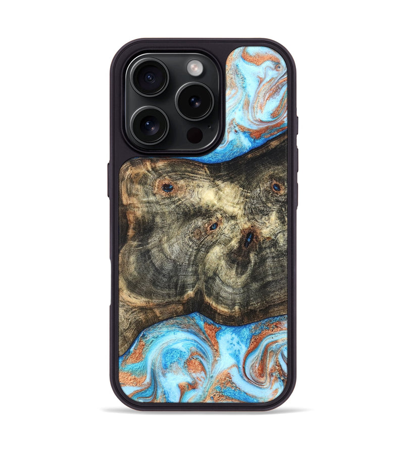 iPhone 16 Pro Wood Phone Case - Meagan (Teal & Gold, 819356)