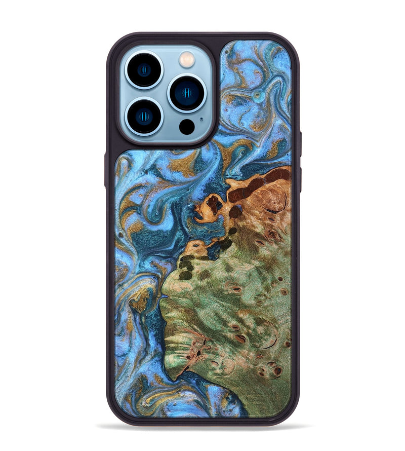 iPhone 14 Pro Max Wood Phone Case - Abner (Teal & Gold, 819357)