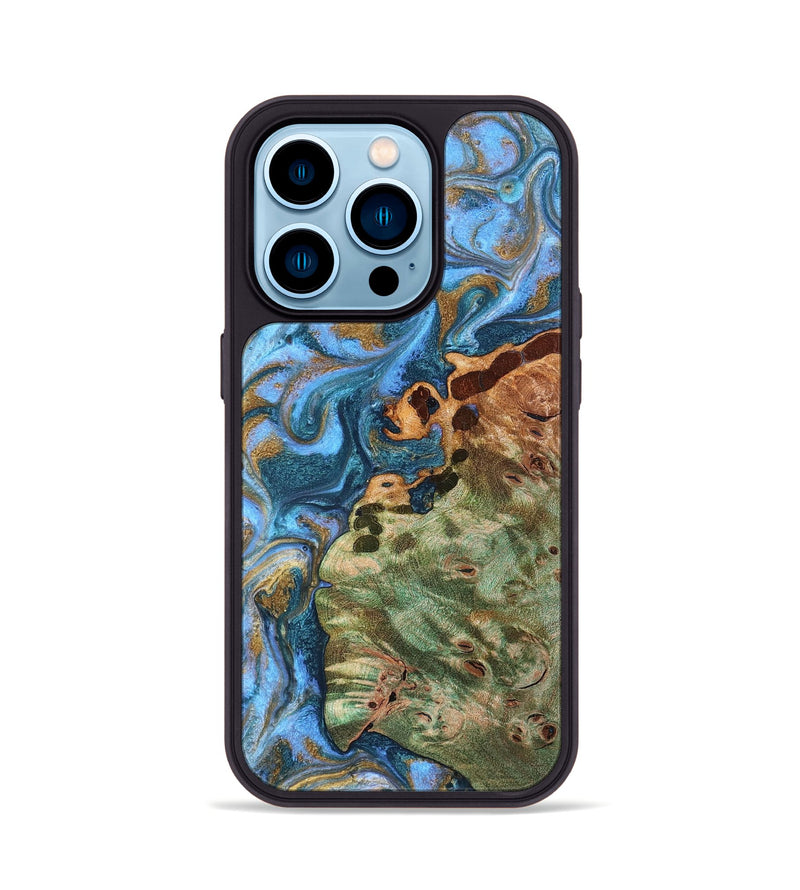 iPhone 14 Pro Wood Phone Case - Abner (Teal & Gold, 819357)