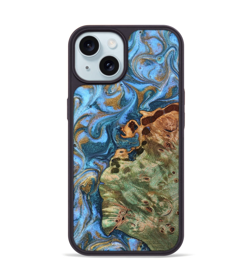iPhone 15 Wood Phone Case - Abner (Teal & Gold, 819357)