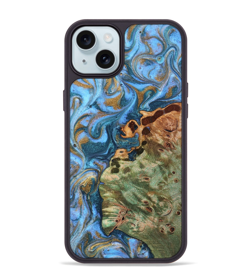 iPhone 15 Plus Wood Phone Case - Abner (Teal & Gold, 819357)