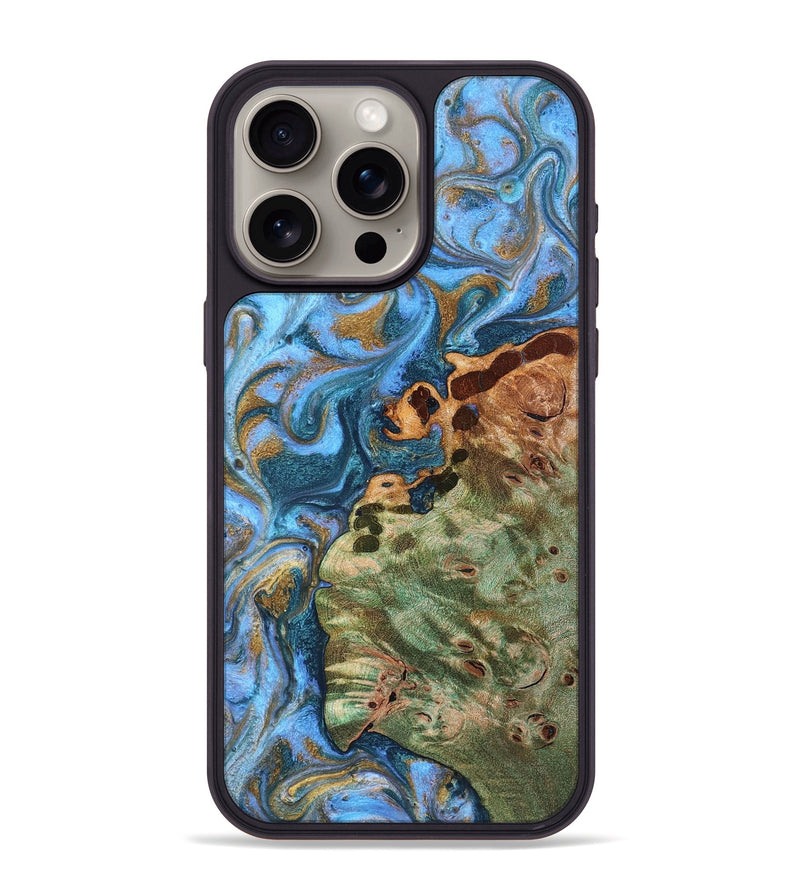 iPhone 15 Pro Max Wood Phone Case - Abner (Teal & Gold, 819357)