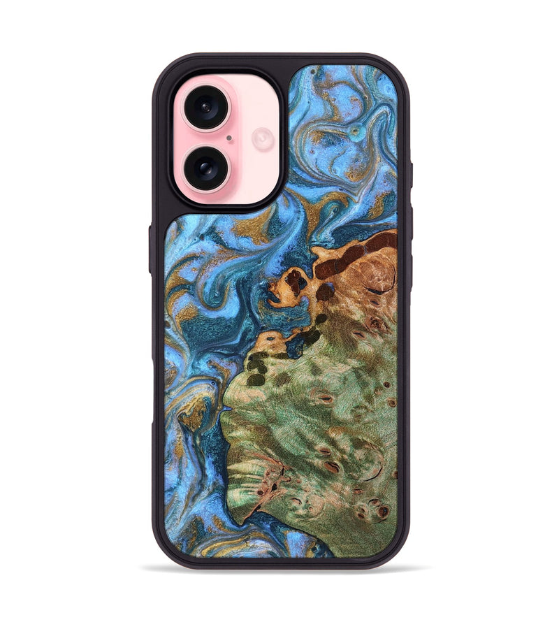 iPhone 16 Wood Phone Case - Abner (Teal & Gold, 819357)
