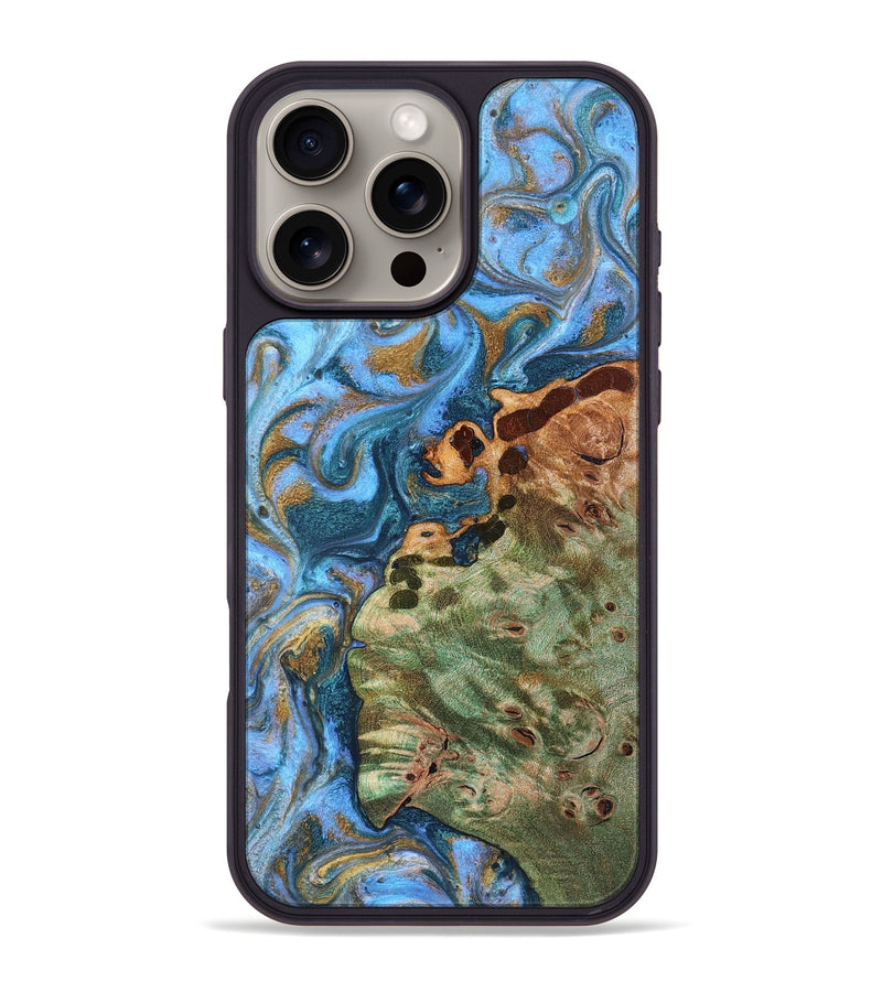 iPhone 16 Pro Max Wood Phone Case - Abner (Teal & Gold, 819357)