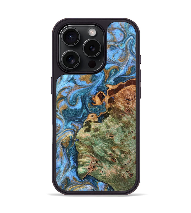 iPhone 16 Pro Wood Phone Case - Abner (Teal & Gold, 819357)