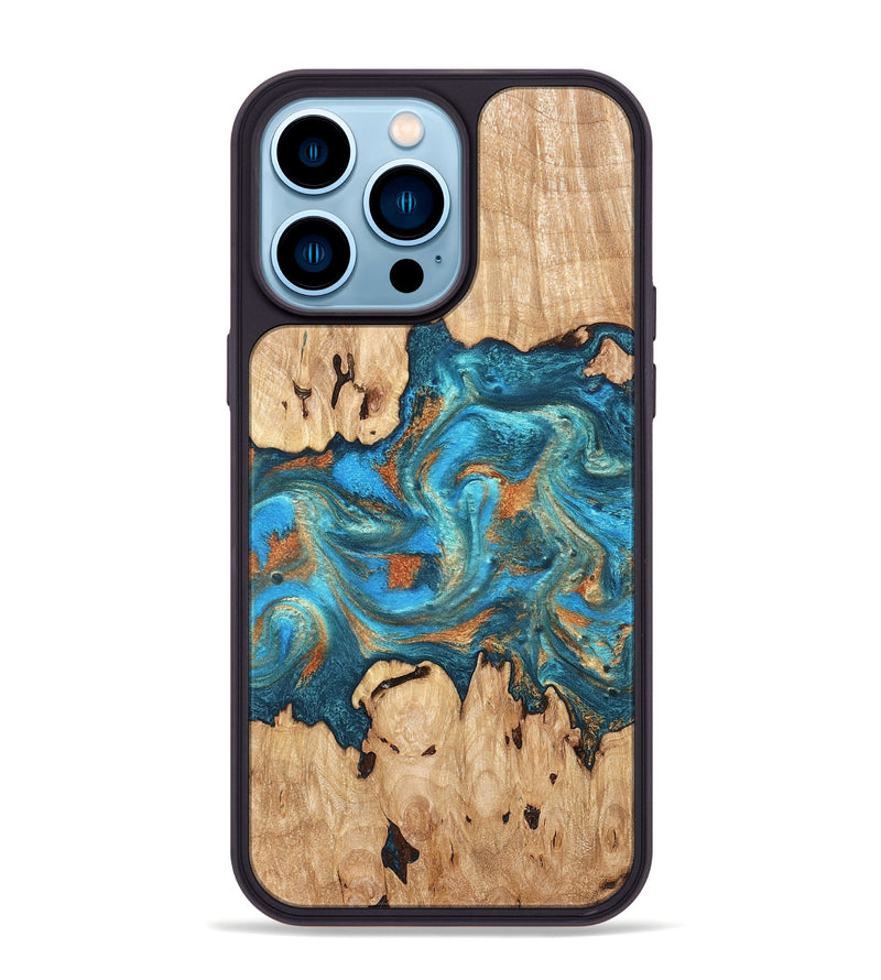 iPhone 14 Pro Max Wood Phone Case - Adam (Teal & Gold, 819358)
