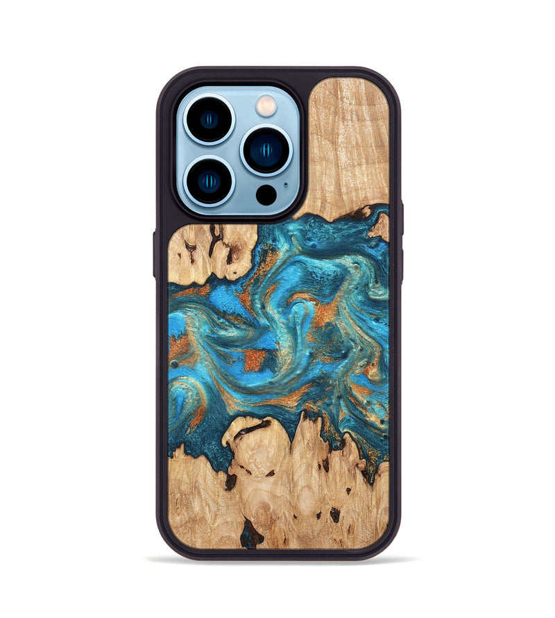 iPhone 14 Pro Wood Phone Case - Adam (Teal & Gold, 819358)