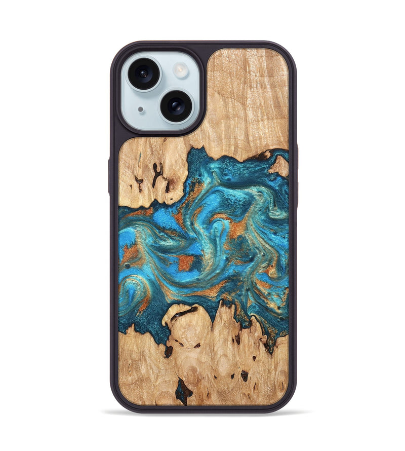 iPhone 15 Wood Phone Case - Adam (Teal & Gold, 819358)