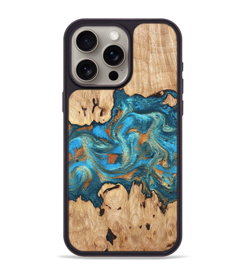 iPhone 15 Pro Max Wood Phone Case - Adam (Teal & Gold, 819358)