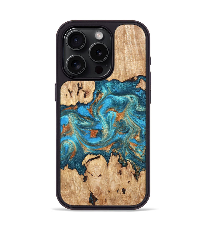 iPhone 15 Pro Wood Phone Case - Adam (Teal & Gold, 819358)