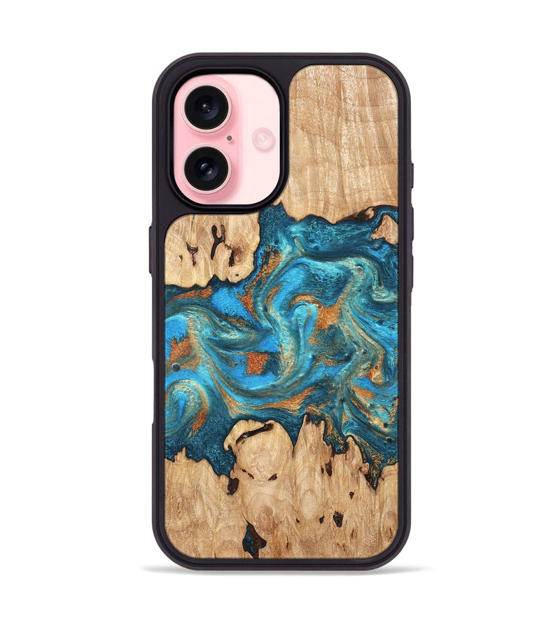 iPhone 16 Wood Phone Case - Adam (Teal & Gold, 819358)