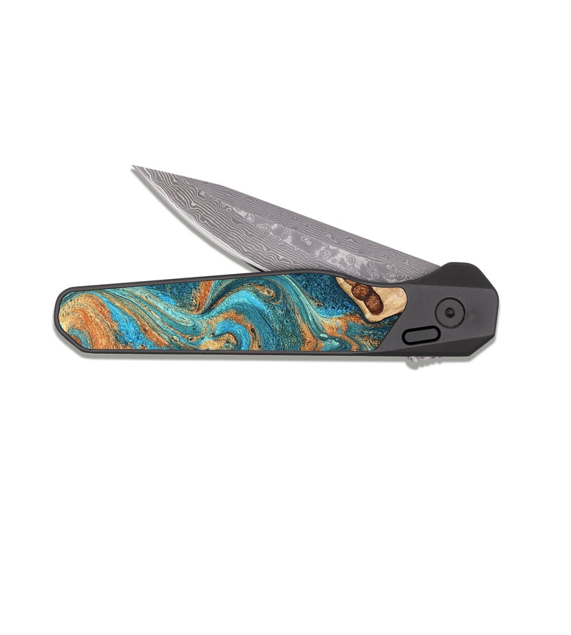 EDC Dark Damascus Wood Pocket Knife - Helene (Teal & Gold, 819578)