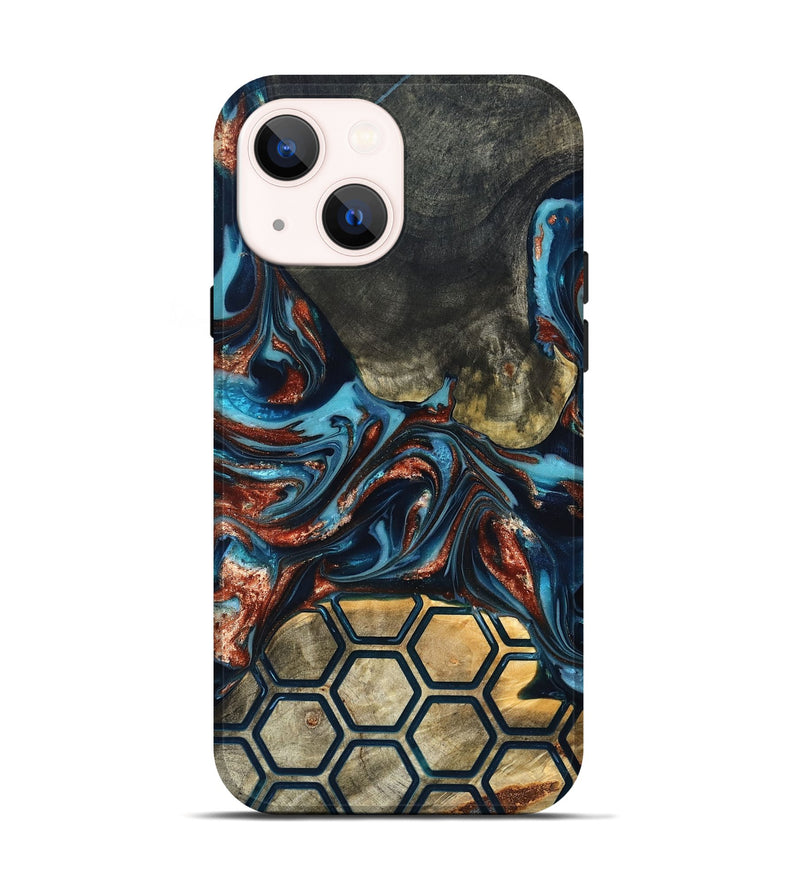 iPhone 14 Wood Live Edge Phone Case - Shari (Teal & Gold, 819595)