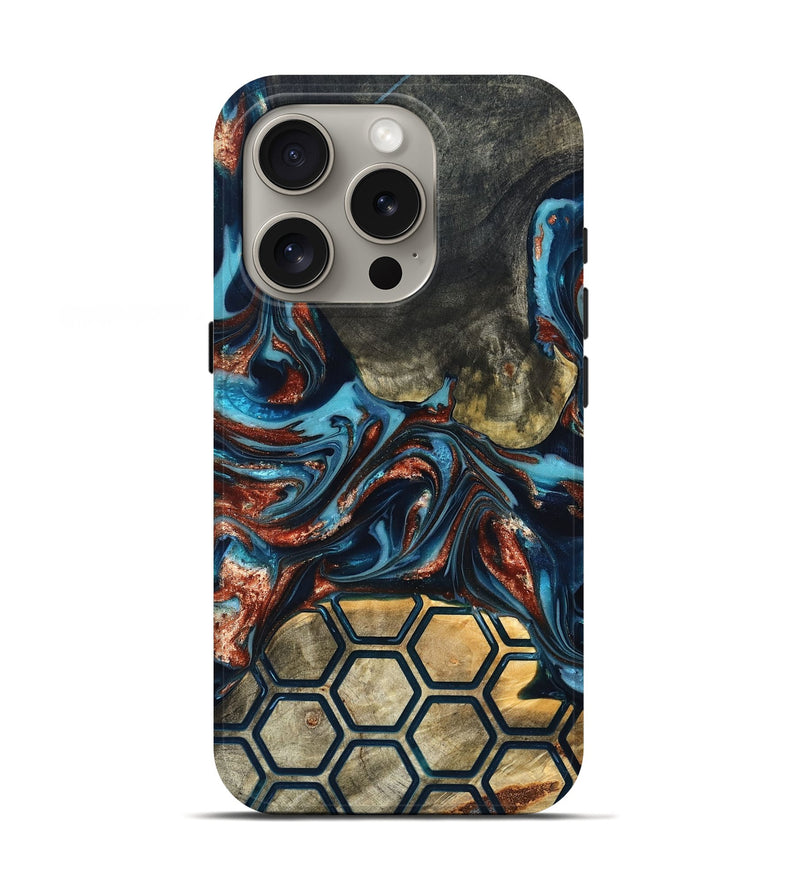 iPhone 16 Pro Wood Live Edge Phone Case - Shari (Teal & Gold, 819595)