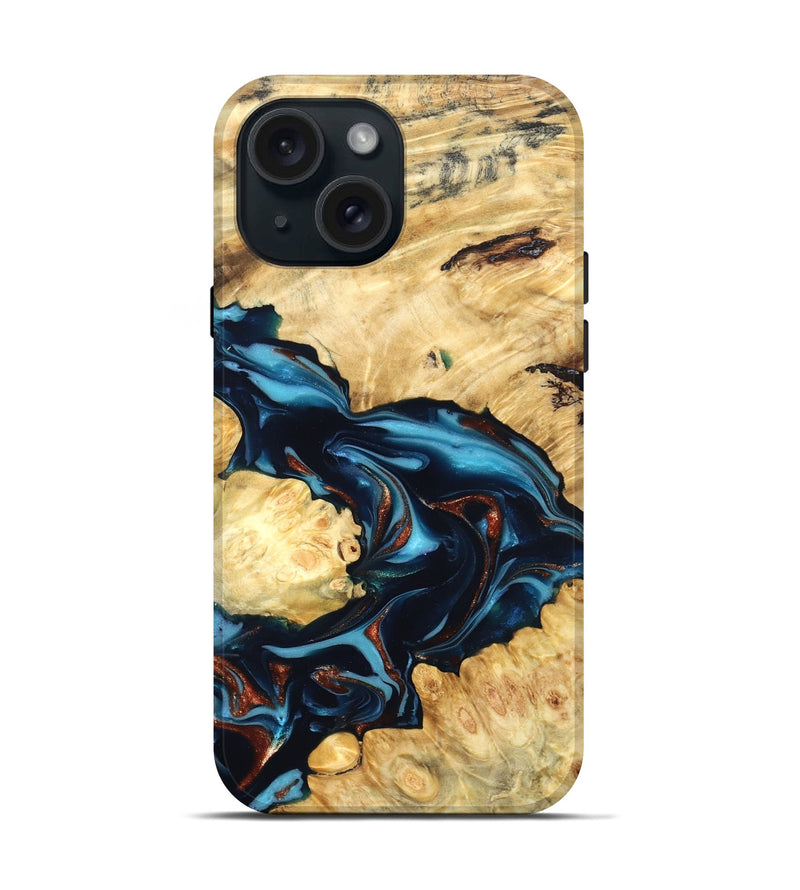 iPhone 15 Wood Live Edge Phone Case - West (Teal & Gold, 819601)