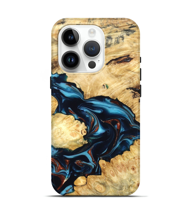 iPhone 15 Pro Wood Live Edge Phone Case - West (Teal & Gold, 819601)