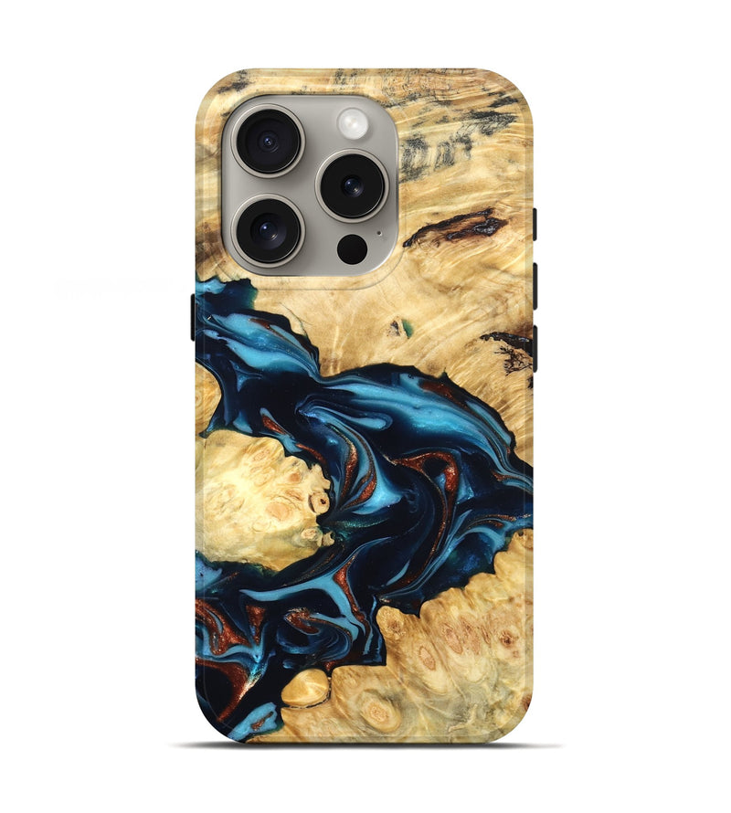 iPhone 16 Pro Wood Live Edge Phone Case - West (Teal & Gold, 819601)