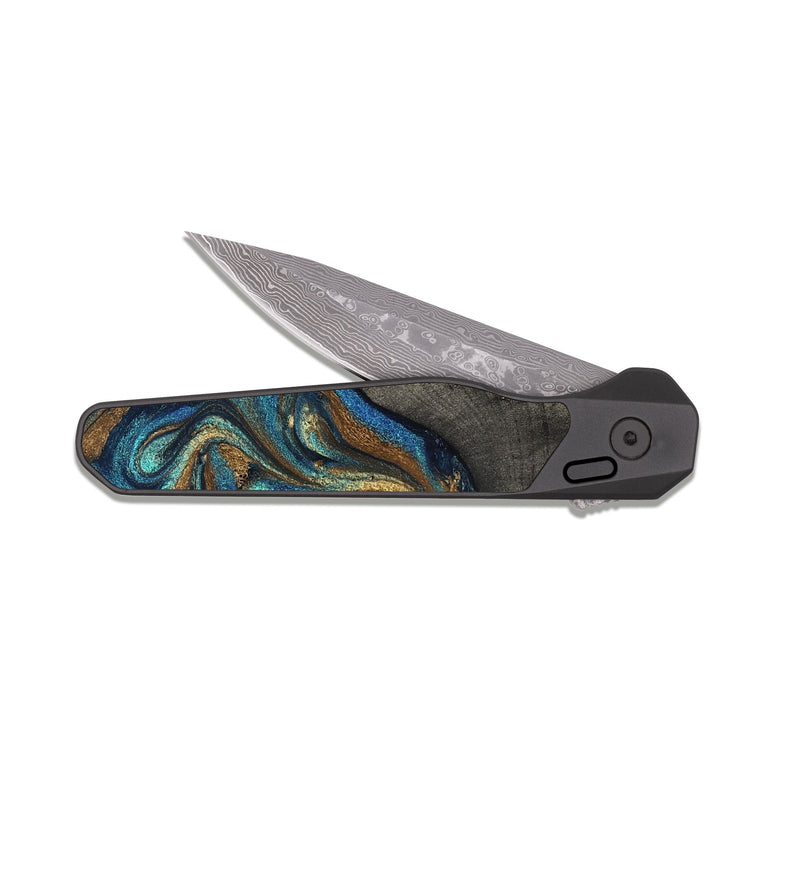 EDC Dark Damascus Wood Pocket Knife - Evalyn (Teal & Gold, 819616)
