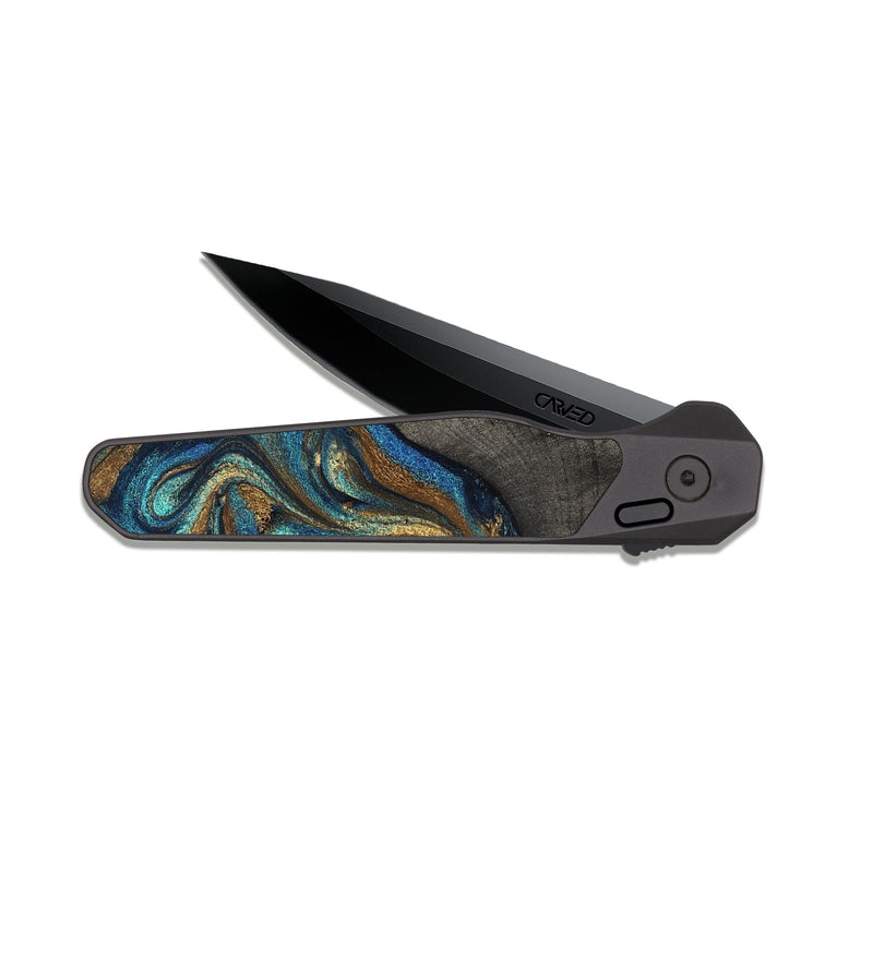 EDC Dark Slate Wood Pocket Knife - Evalyn (Teal & Gold, 819616)