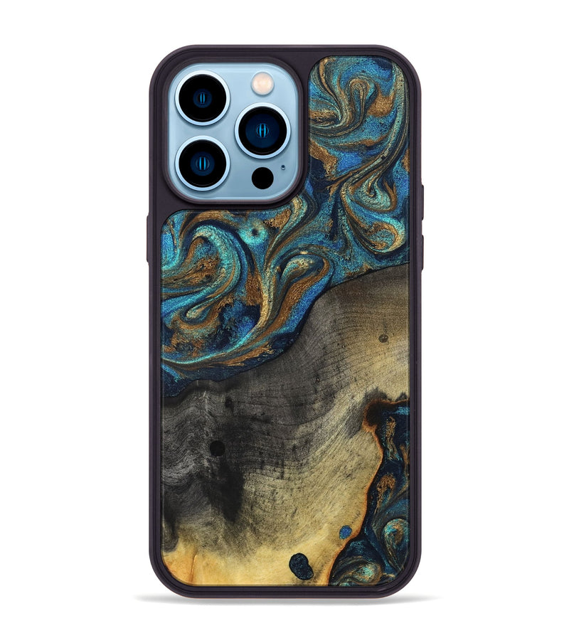 iPhone 14 Pro Max Wood Phone Case - Evalyn (Teal & Gold, 819616)