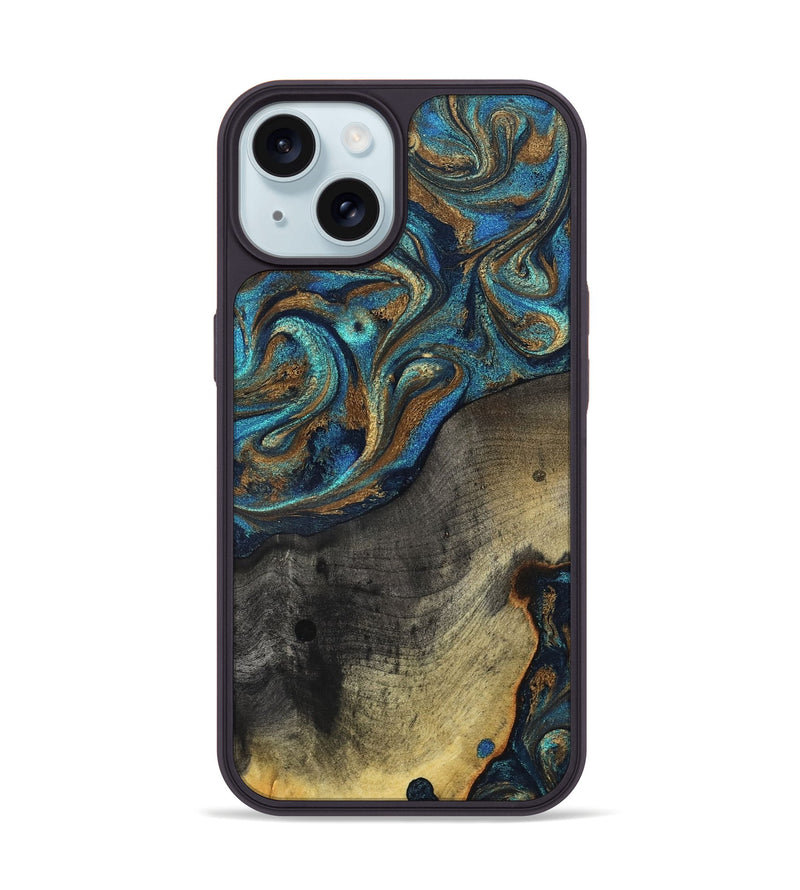 iPhone 15 Wood Phone Case - Evalyn (Teal & Gold, 819616)