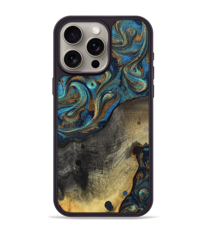 iPhone 15 Pro Max Wood Phone Case - Evalyn (Teal & Gold, 819616)