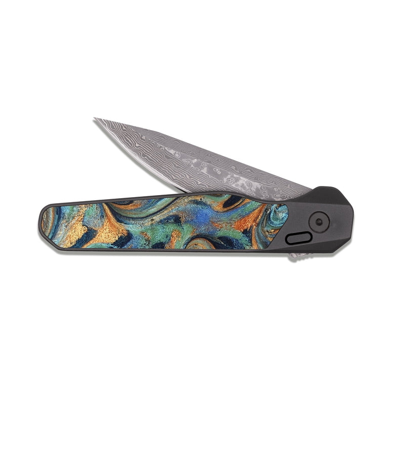 EDC Dark Damascus ResinArt Pocket Knife - Yareli (Teal & Gold, 819617)