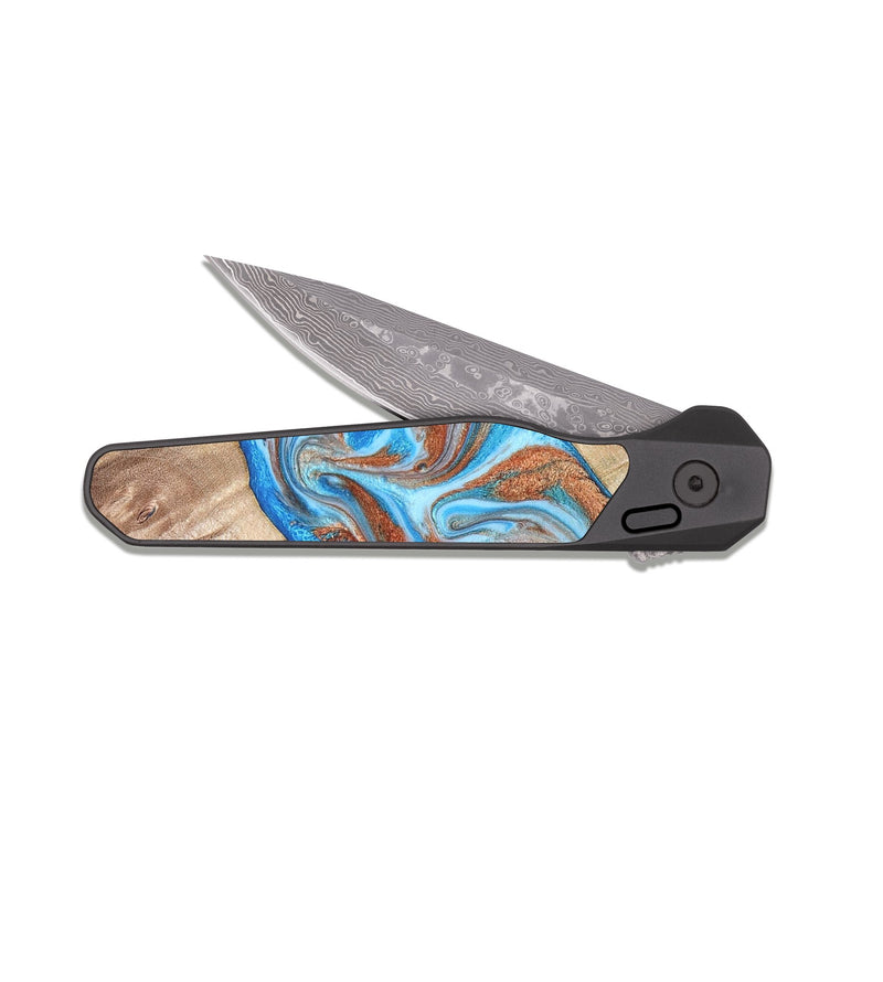 EDC Dark Damascus Wood Pocket Knife - Major (Teal & Gold, 819619)