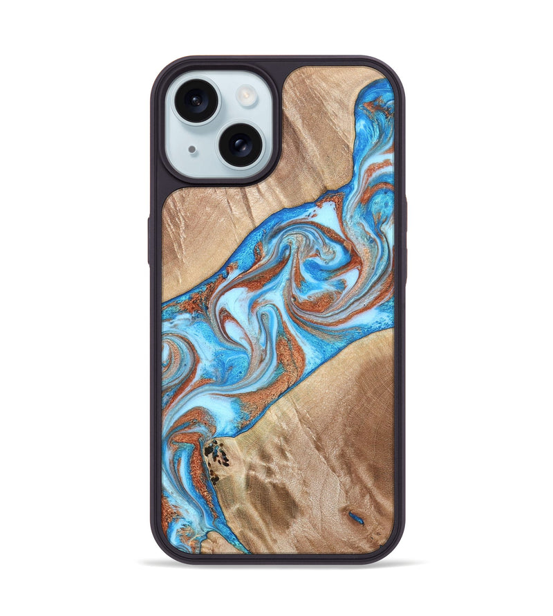 iPhone 15 Wood Phone Case - Major (Teal & Gold, 819619)