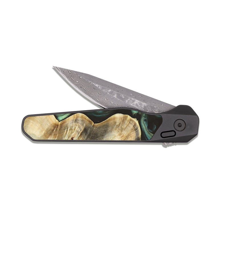 EDC Dark Damascus Wood Pocket Knife - Ike (Green, 819652)