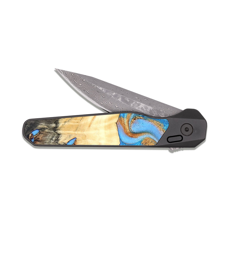EDC Dark Damascus Wood Pocket Knife - Beckett (Teal & Gold, 819677)