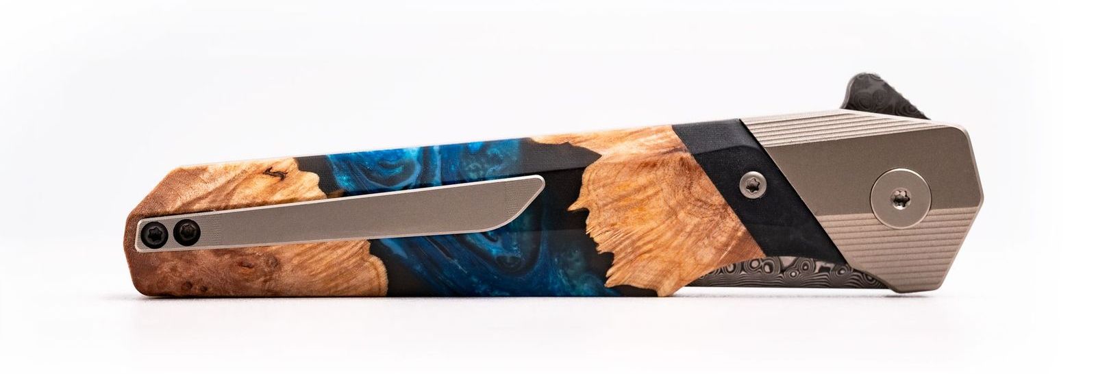 Carved Live Edge Knife whitespace background with pocket clip
