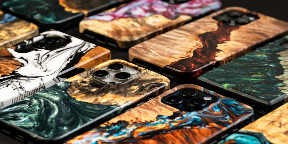 Live edge phone cases in a row
