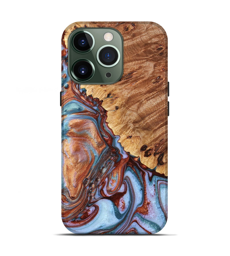 iPhone 13 Pro Wood+Resin Live Edge Phone Case - Ayla (Teal & Gold, 649602)
