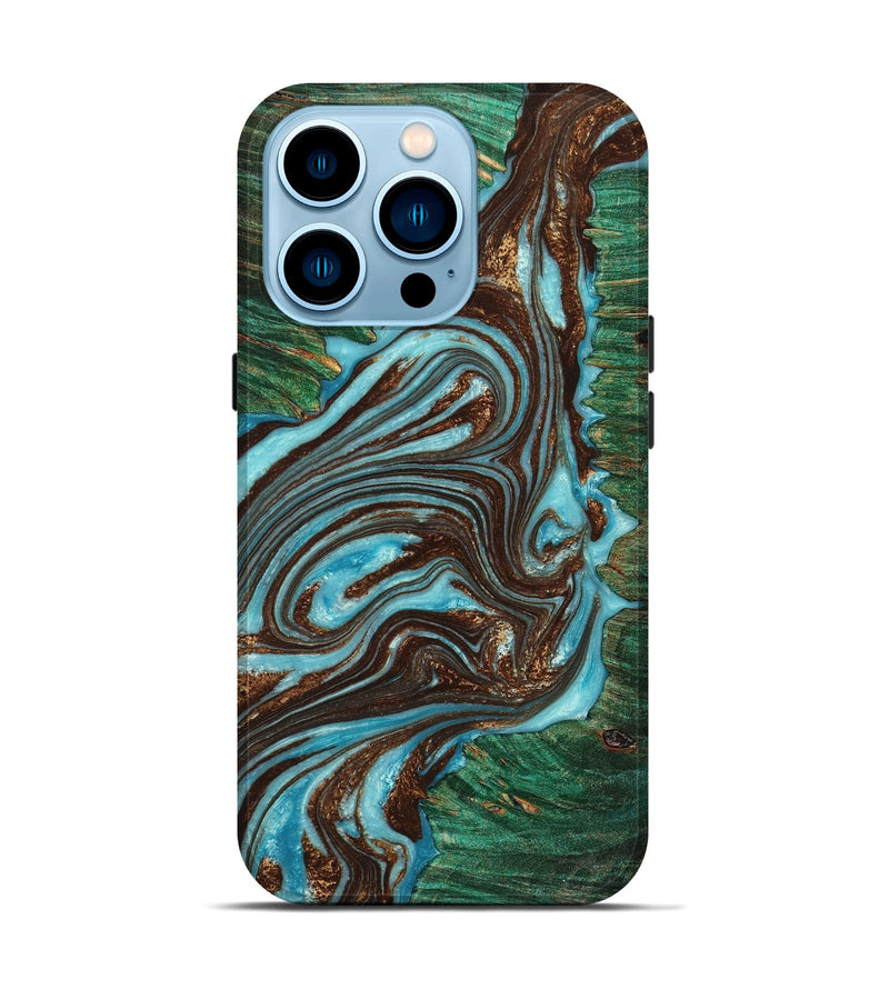 iPhone 14 Pro Wood+Resin Live Edge Phone Case - Tatyana (Teal & Gold, 650479)