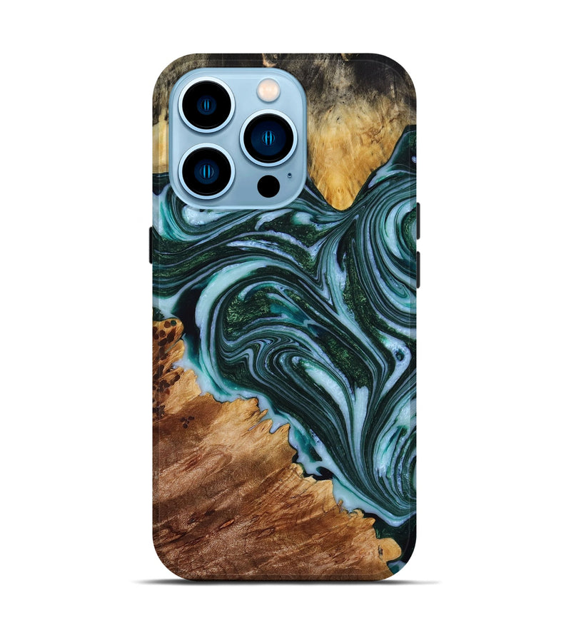 iPhone 14 Pro Wood+Resin Live Edge Phone Case - Farrah (Green, 650625)