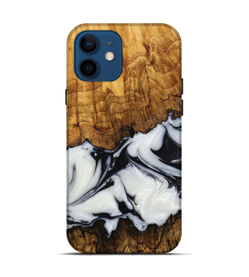 iPhone 12 Wood+Resin Live Edge Phone Case - Robin (Black & White, 650802)