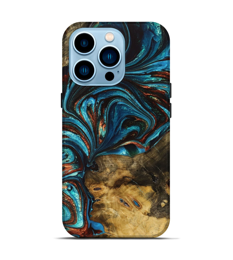 iPhone 14 Pro Wood+Resin Live Edge Phone Case - Julio (Teal & Gold, 651509)