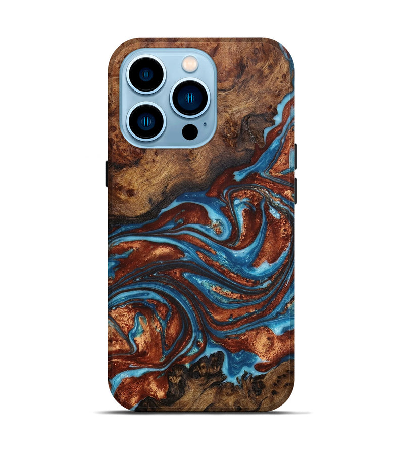 iPhone 14 Pro Wood+Resin Live Edge Phone Case - Jim (Teal & Gold, 655045)