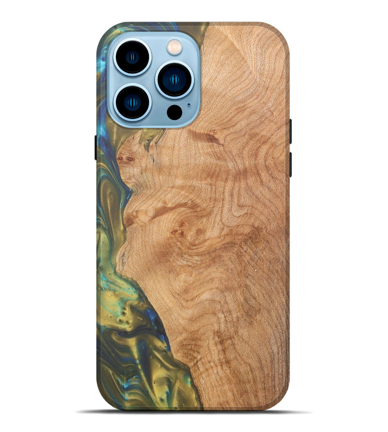 iPhone 14 Pro Max Wood+Resin Live Edge Phone Case - August (Teal & Gold, 657872)