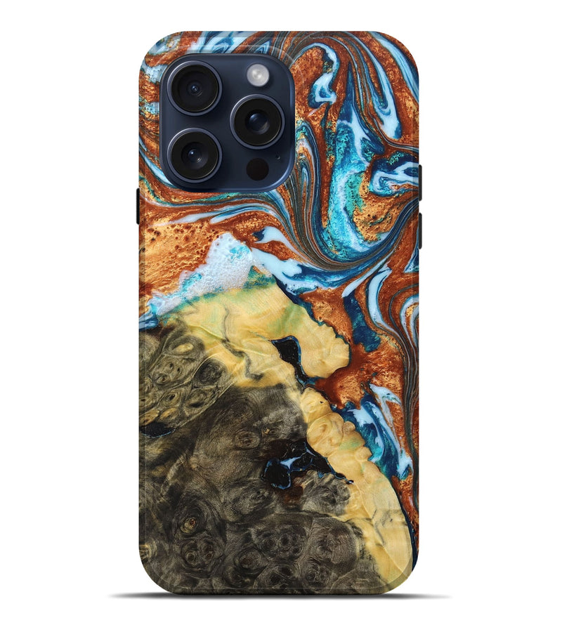 iPhone 15 Pro Max Wood+Resin Live Edge Phone Case - Teresa (Teal & Gold, 659673)