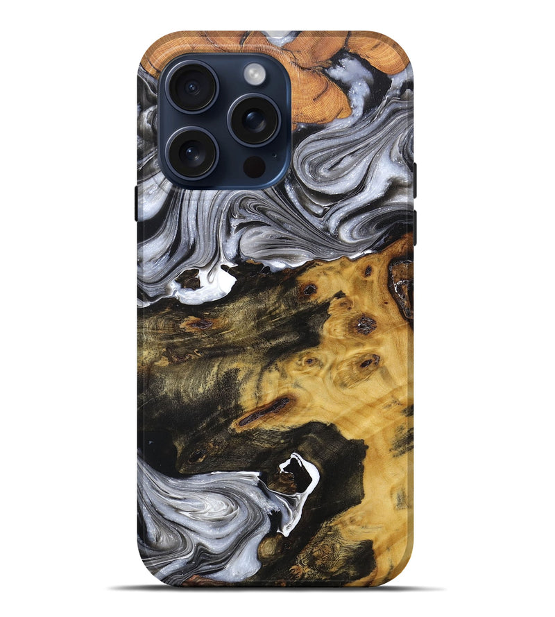 iPhone 15 Pro Max Wood+Resin Live Edge Phone Case - Carolyn (Black & White, 662570)