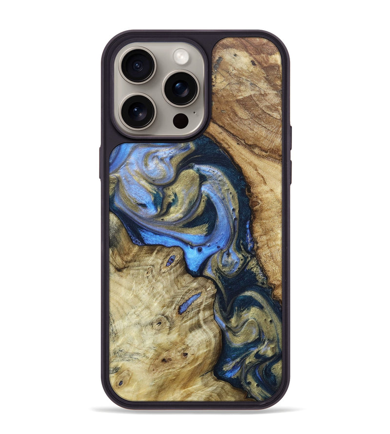 iPhone 15 Pro Max Wood+Resin Phone Case - Wendell (Teal & Gold, 662986)