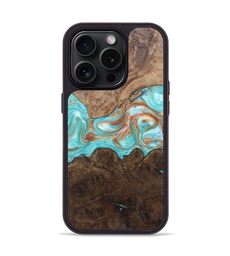 iPhone 15 Pro Wood+Resin Phone Case - William (Teal & Gold, 662992)