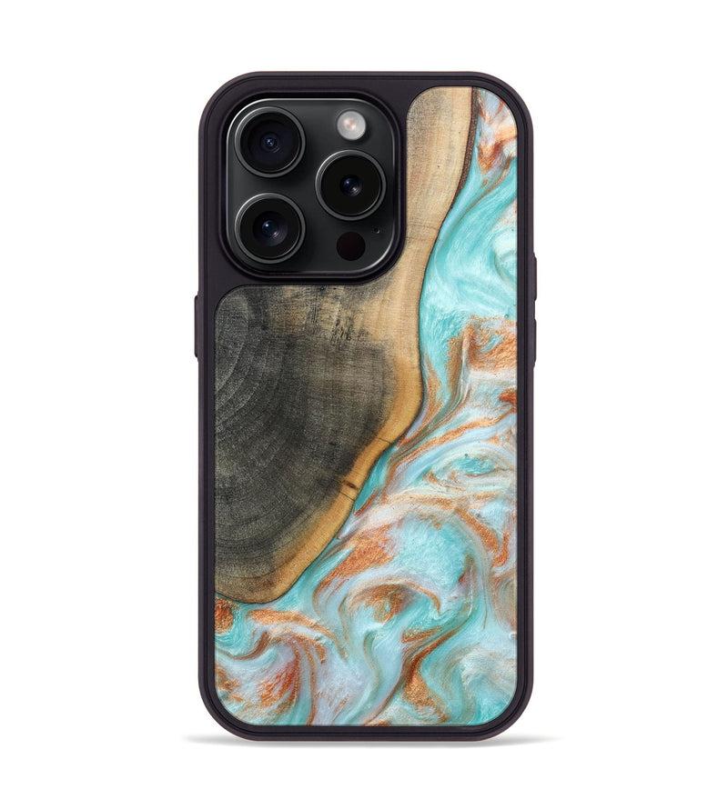 iPhone 15 Pro Wood+Resin Phone Case - Tina (Teal & Gold, 662993)