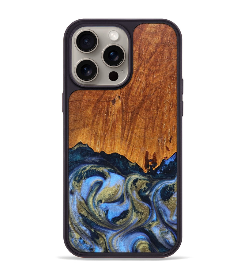 iPhone 15 Pro Max Wood+Resin Phone Case - Dina (Teal & Gold, 663064)