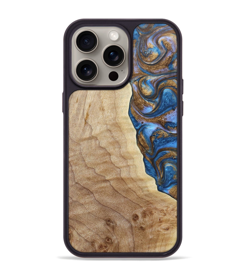 iPhone 15 Pro Max Wood+Resin Phone Case - Aitana (Teal & Gold, 663065)