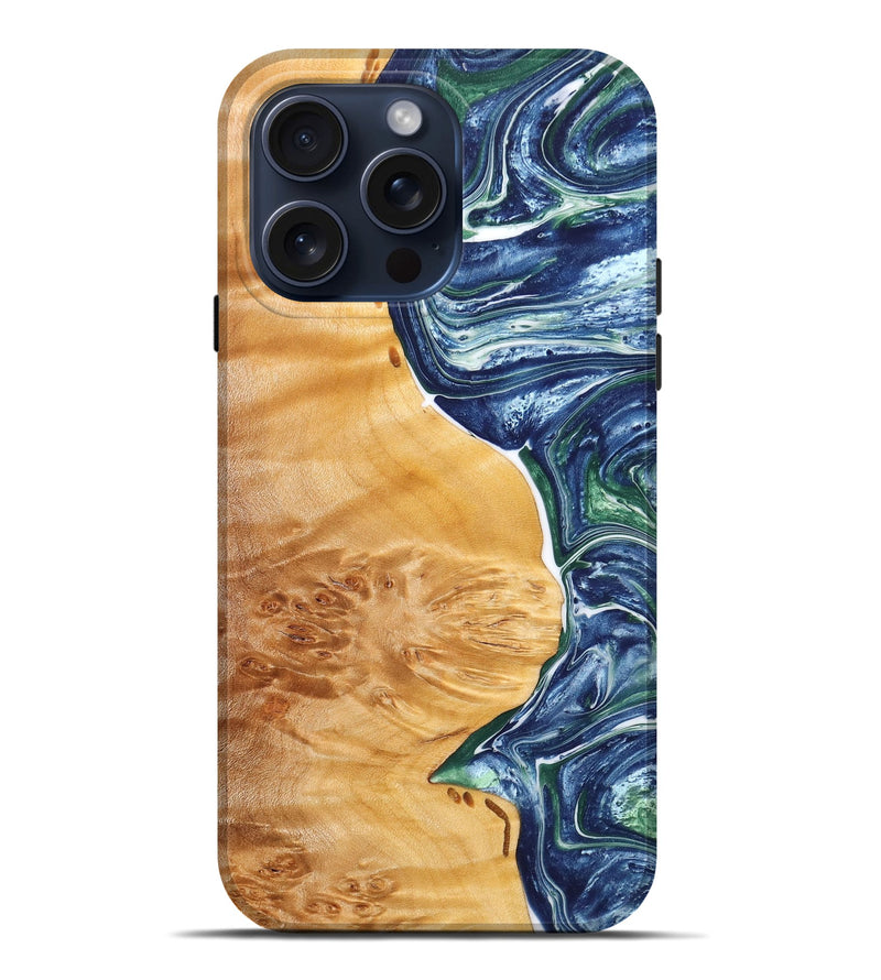 iPhone 15 Pro Max Wood+Resin Live Edge Phone Case - Ella (Blue, 667107)